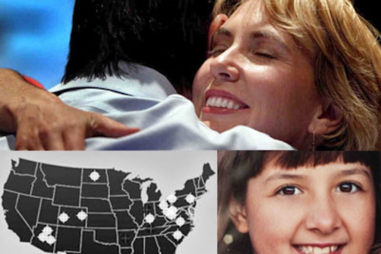U.S. Rep. Gabrielle Giffords, seen above hugging a supporter at her election party on Nov. 2, was the target of an apparent assassination attempt, which took the life of nine-year-old Christina Taylor Green, right. At left, a map from Sarah Palin's PAC, with gunsight marks. (Giffords photo: AP)