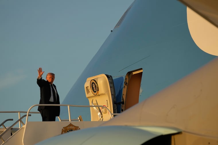 President Donald Trump waves as he boards Air Force One, Monday, March 9, 2026, at Miami International Airport in Miami. (AP Photo/Mark Schiefelbein)