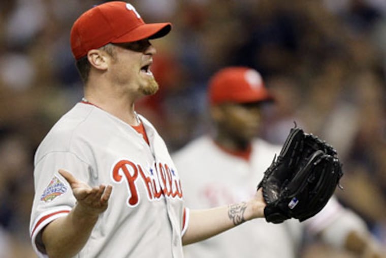 Brett Myers argues a call during the second inning of Game 2 of the World Series against the Tampa Bay Rays on Thursday. (AP Photo / David J. Phillip)