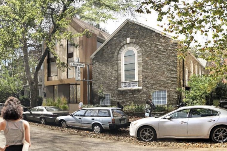 The addition to Good Shepherd would mimic the building's roof line but would be taller than the church.