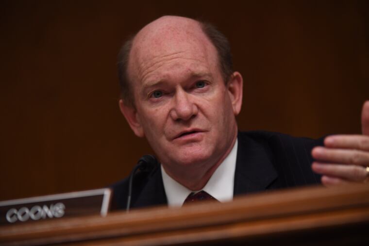 Sen. Chris Coons (D-DE) questions Ajit Pai, Chairman of the Federal Communications Commission, during his testimony before an oversight hearing to examine the Federal Communications Commission spectrum auctions program for fiscal year 2021 last June in Washington, DC.