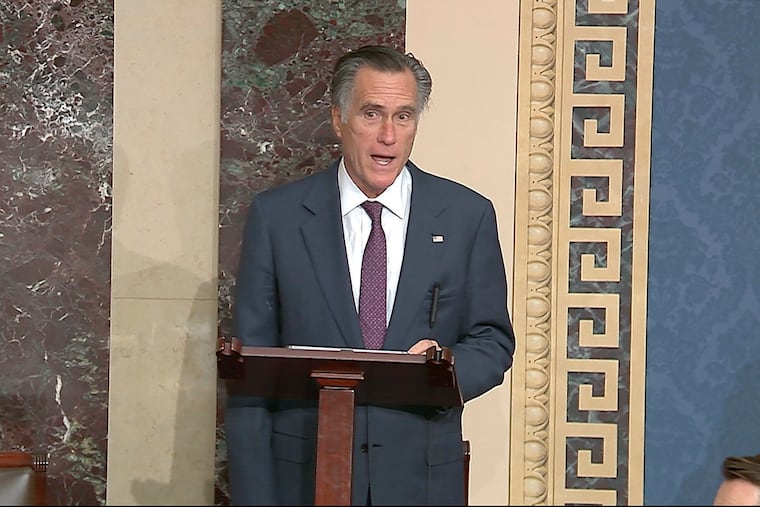 In this image from video, Sen. Mitt Romney (R., Utah) speaks as the Senate reconvenes to debate the objection to confirm the Electoral College vote from Arizona, after protesters stormed into the U.S. Capitol on Wednesday, Jan. 6, 2021.