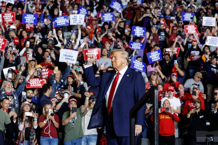 Former President Donald Trump greets his supporters at the PPL center in Allentown, Pa., on Tuesday, October 29, 2024.