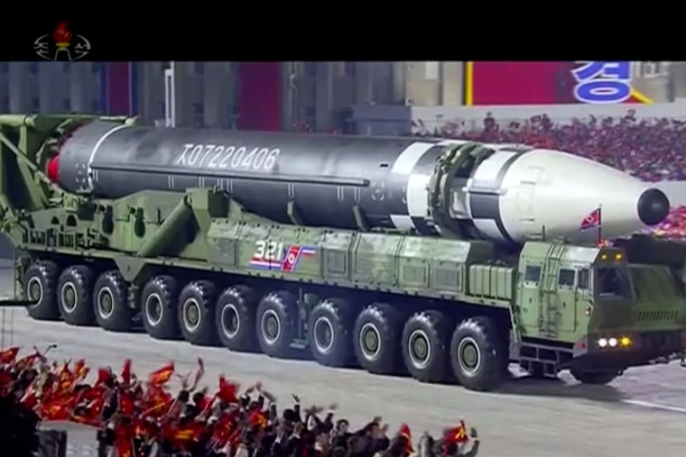 This image made from video broadcasted by North Korea's KRT, shows a military parade with what appears to be possible new intercontinental ballistic missile at the Kim Il Sung Square in Pyongyang.