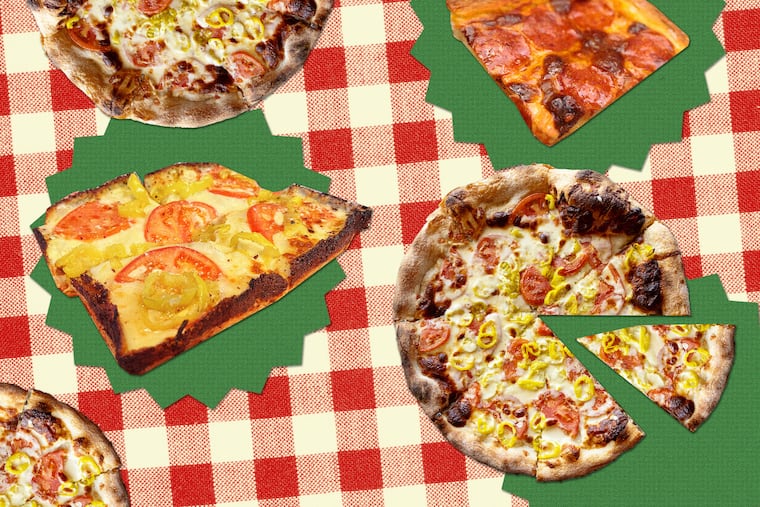 A collage of pizzas from Cacia's Bakery, Cafe Carmela, and Tempo, three Philadelphia area restaurants that use Cooper Sharp as a topping.