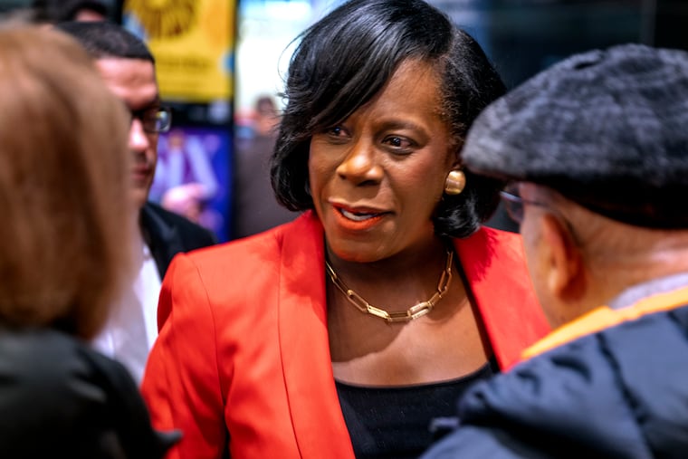 Democratic candidate for mayor Cherelle Parker talks with voters following a Mayoral Forum on the Performing Arts and Cultural Economy at the Perelman Center at the Kimmel Center.