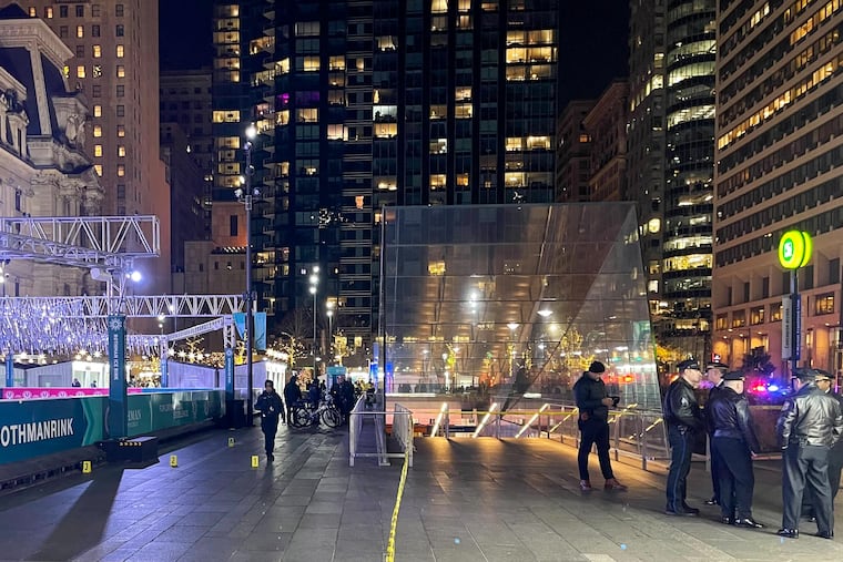 The scene next to the ice rink at Philadelphia City Hall after three teen boys were shot Friday.