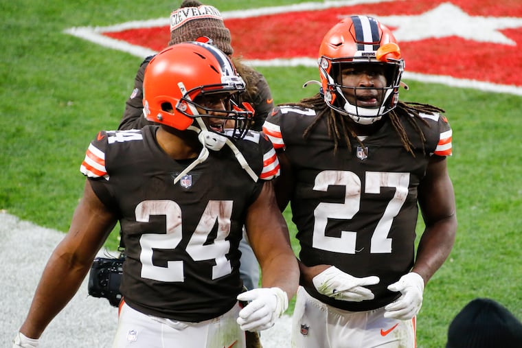 Job No. 1 for the Eagles' defense Sunday will be stopping Browns running backs Nick Chubb (left) and Kareem Hunt.