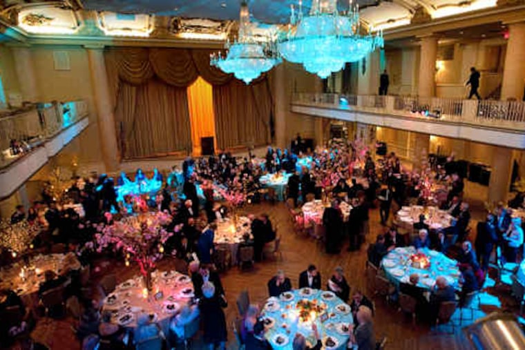 The Academy of Vocal Arts 75th Anniversary Gala, with a cocktail reception and dinner, was held at the Hyatt at the Bellevue. Dinner was served in this ballroom.