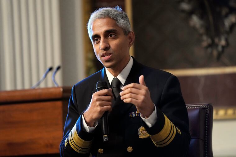 FILE - Surgeon General Dr. Vivek Murthy speaks during an event on the White House complex in Washington, April 23, 2024. Murthy is asking Congress to require warning labels on social media platforms that are similar to those that appear on cigarette boxes. (AP Photo/Susan Walsh, File)