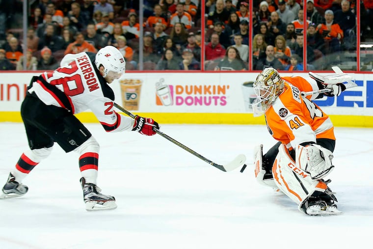 Flyers goalie Anthony Stolarz, shown stopping the Devils' Damon Severson, is trying to build off a 4-2 win in Pittsburgh.
