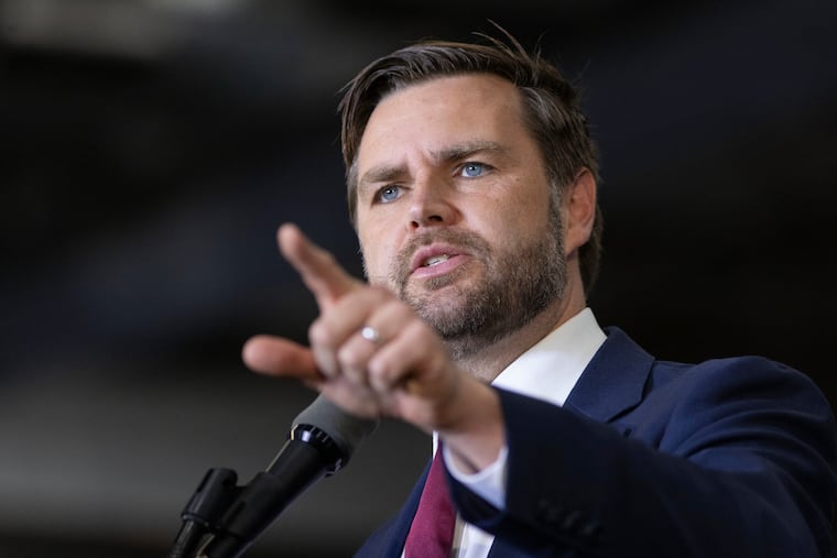 Republican vice presidential nominee Sen. JD Vance (R., Ohio) speaks during a campaign rally Saturday in Newtown.