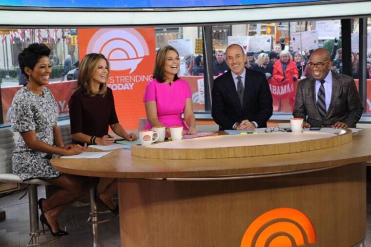 Pictured: (l-r) Tamron Hall, Natalie Morales, Savannah Guthrie, Matt Lauer, and Al Roker appear on the "Today" show on Monday, November, 1, 2014.