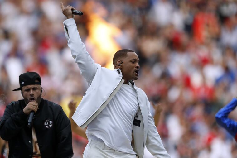 Will Smith performs during a ceremony prior to the final match between France and Croatia at the 2018 soccer World Cup in the Luzhniki Stadium in Moscow, Russia, Sunday, July 15, 2018.