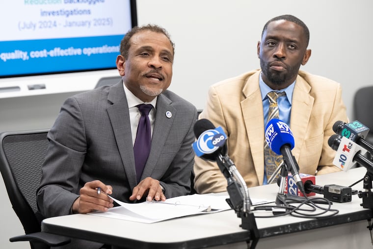 Philadelphia Superintendent Tony B. Watlington Sr. and City Councilmember Isaiah Thomas announce changes during a news conference at district headquarters Tuesday to address widespread problems in "reassignment rooms," where teachers accused of misconduct are required to spend time.
