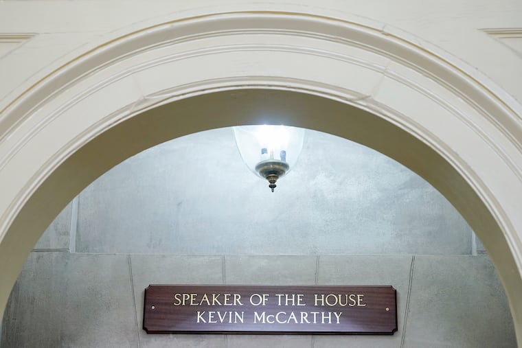 A sign still bearing the name of Rep. Kevin McCarthy, R-Calif., is seen outside the office of the Speaker of the House on Capitol Hill on Monday in Washington.