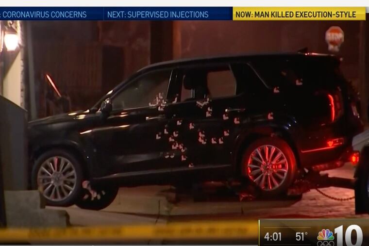 NBC10 photo shows SUV in which I-Dean Fulton, 43, was fatally shot during an ambush in the garage of a Manayunk home on Tuesday, Feb. 25, 2020.