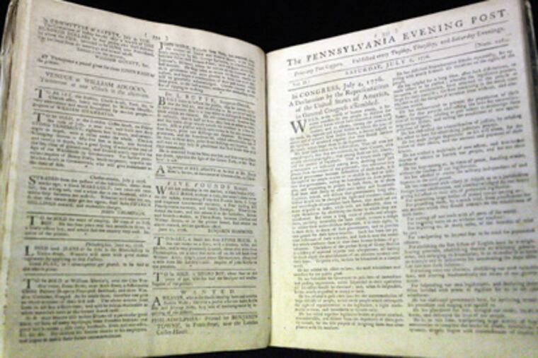 The first newspaper printing of the Declaration of Independence on July 6, 1776 in The Pennsylvania Evening Post, according to Scott Stephenson. (AP Photo/Brynn Anderson)