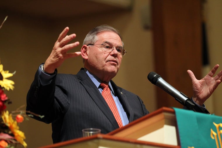Sen. Bob Menendez, a New Jersey Democrat, holds a reelection campaign rally with fellow Sen. Cory Booker at the Mt. Zion AME Church in New Brunswick, NJ, on Oct. 30.