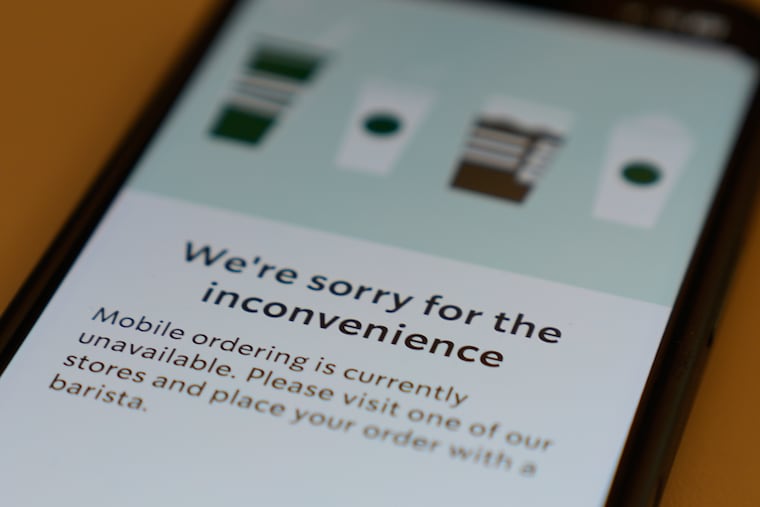 A Starbucks mobile app shows that mobile ordering is unavailable during the Amazon Web Services outage Monday, Oct. 20, 2025, in Chicago.