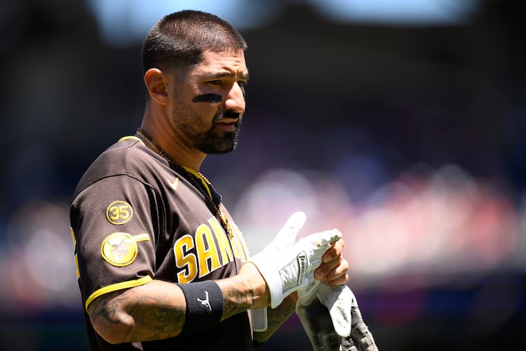San Diego Padres' Nick Castellanos looks on during the third inning against the Washington Nationals, on May 31, 2026, in Washington. (AP Photo/Nick Wass)