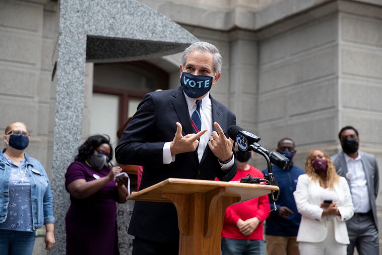 Larry Krasner speaks during a news conference near the Octavius V. Catto Memorial on the south side of City Hall on Thursday.
