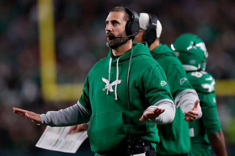 Philadelphia Eagles head coach Nick Sirianni reacts after the Eagles were called for pass interference against the Jacksonville Jaguars during the second quarter at Lincoln Financial Field on Sunday, Nov. 3, 2024.