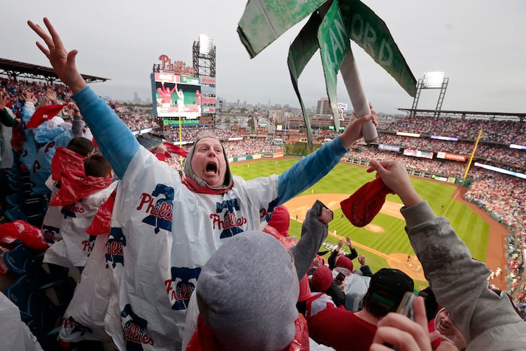 Darren Johnston of Northeast Phila. reacts when Bryce Harper hits the go-ahead home run to give the Phillies the lead in the 8th inning. The Phillies won the National League Championship by defeating the San Diego Padres on Sunday.
