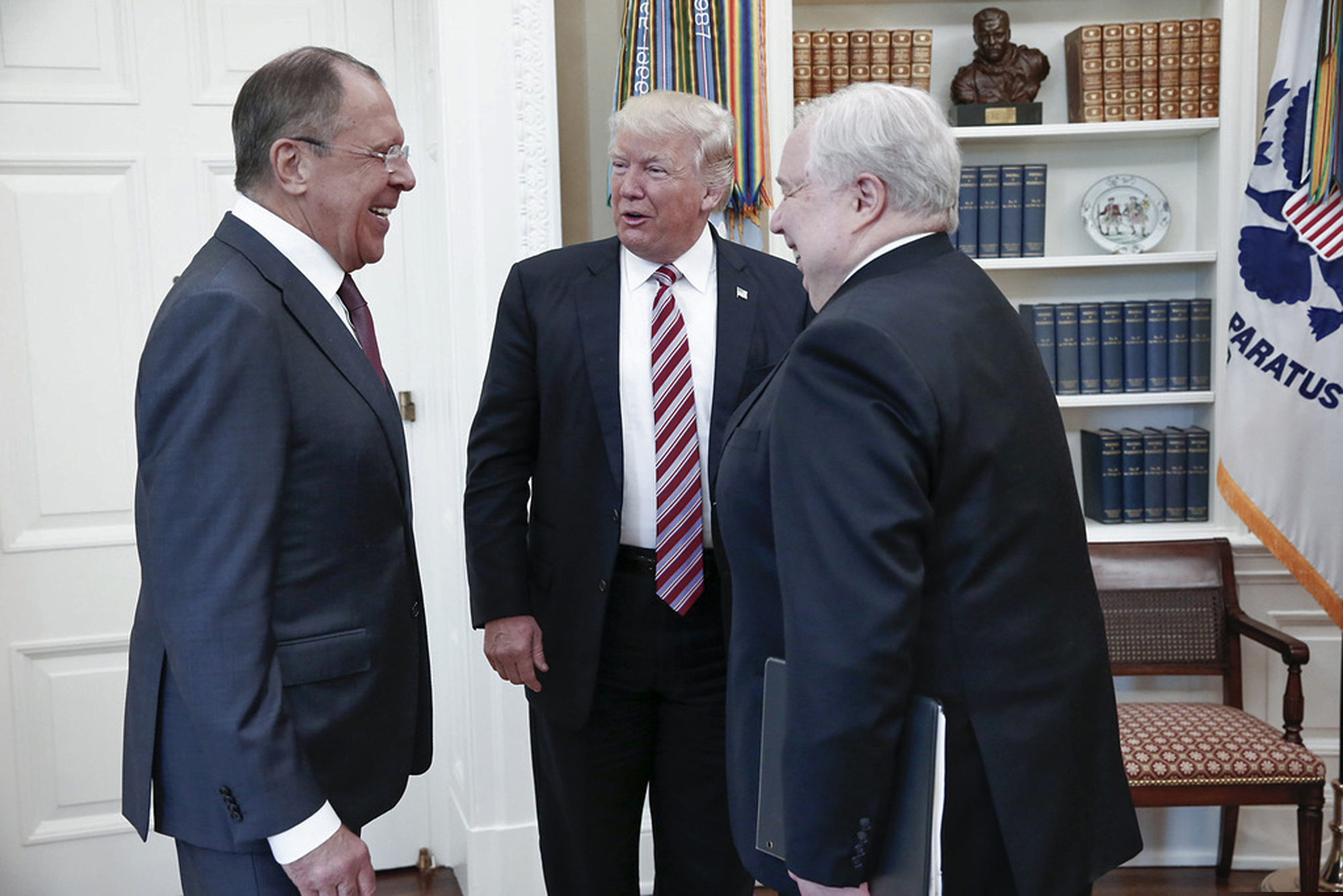 In this image provided by the Russian Foreign Ministry, President Donald Trump meets with Russian Foreign Minister Sergey Lavrov, left, next to Russian Ambassador to the U.S. Sergei Kislyak at the White House in Washington, on May 10, 2017.