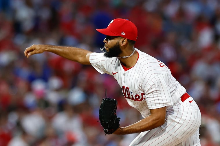Phillies reliever Seranthony Dominguez pitching in the eighth inning against the Kansas City Royals on Saturday, when he walked two batters.