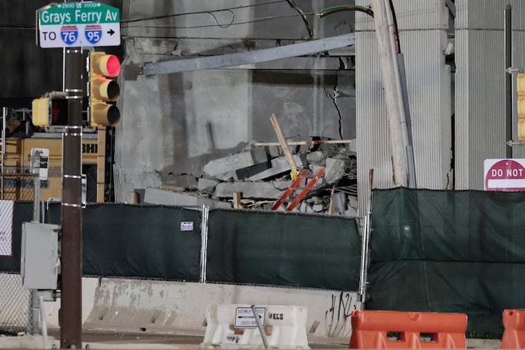 Large cracks in the walls are visible in this detail photo of the partial collapse of the under construction CHOP parking garage at 30th and Grays Ferry Avenue in Philadelphia.