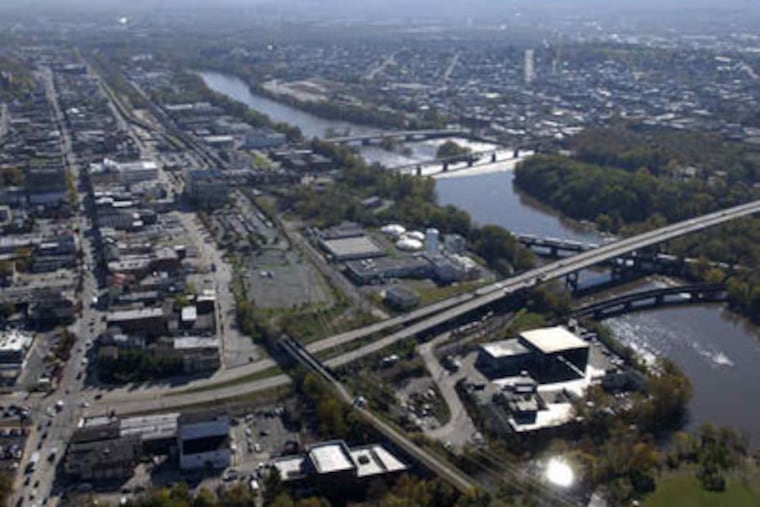 An aerial view of the waterfront in Norristown, where developer Brian O'Neill has just pulled out from a major project officials had hoped would help revitalize the area.