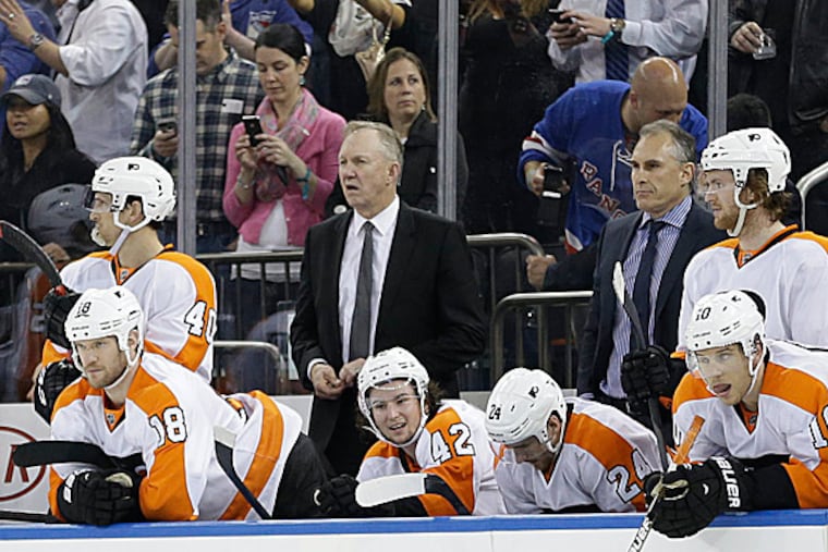 The Flyers' Craig Berube, Brayden Schenn, Matt Read, Jason Akeson and Adam Hall. (AP photo)