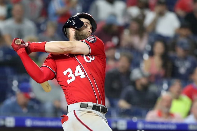 Bryce Harper of the Nationals against the Phillies at Citizens Bank Park on Sept. 11, 2018. CHARLES FOX / Staff Photographer