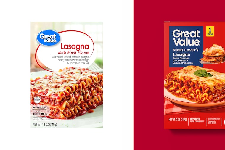 This image provided by Walmart shows (from left) Walmart's Great Value Lasagna With Meat Sauce and the redesigned packaging.