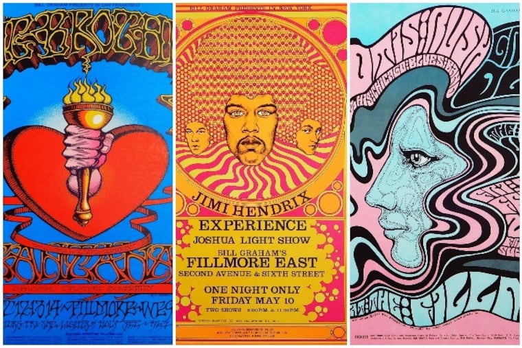 From left to right: A poster from a Big Brother & the Holding Company ‘Heart and Torch’ concert in 1968 at Fillmore West, by Rick Griffin; a poster from a Jimi Hendrix 1968 Fillmore East concert, by David Byrd; and a poster from a Otis Rush and His Chicago Blues Band & the Grateful Dead & The Canned Heat Blues Band concert in 1967 at the Fillmore Auditorium, by Wes Wilson.
