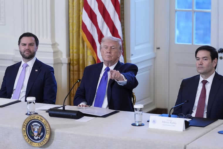 President Donald Trump, flanked by Vice President JD Vance, left, and Sec. of State Marco Rubio, met with oil executives in the East Room of the White House, Friday, Jan. 9, 2026, in Washington.