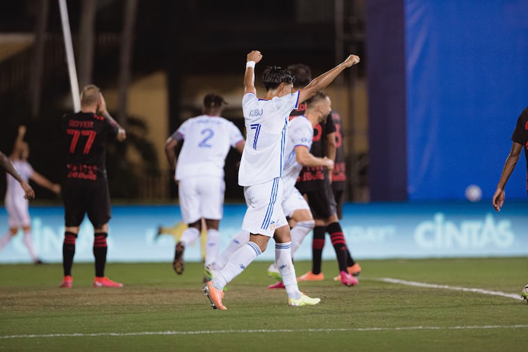 FC Cincinnati's Yuya Kubo celebrates after scoring against the Red Bulls in the first half.