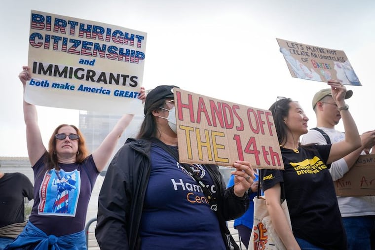 People demonstrated May 15, 2025, outside the Supreme Court before justices heard oral arguments in Trump v. CASA, Inc., a birthright citizenship case.