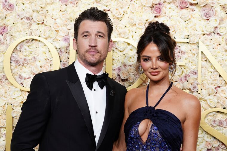 Miles Teller and wife Keleigh Teller at the 82nd Golden Globes on Sunday in Beverly Hills. The couple has lost their Pacific Palisades home to the L.A. fires. (Photo by Jordan Strauss/Invision/AP)