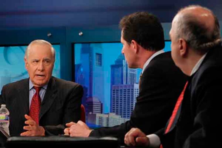 Larry Kane, host of Voice of Reason records a discussion with three candidates for City Controller for Philadelphia at Comcast Studios, on South Delaware Avenue on Thursday, May 2, 2013. The candidates are Brett Mandel ( left ) and Mark Zecca and incumbent Alan Butkovitz (not shown) ( ALEJANDRO A. ALVAREZ / STAFF PHOTOGRAPHER )