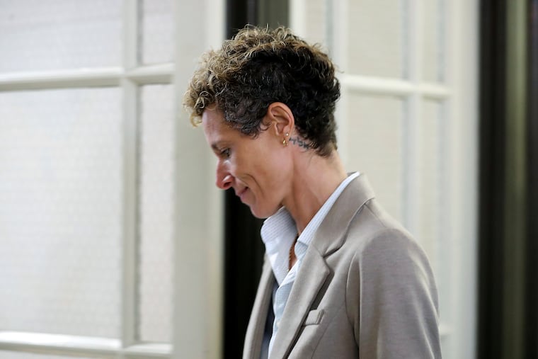 Bill Cosby accuser Andrea Constand leaves the courtroom during a lunch break in Bill Cosby's sentencing hearing at the Montgomery County courthouse in Norristown, Pa., on Monday, Sept. 24, 2018.