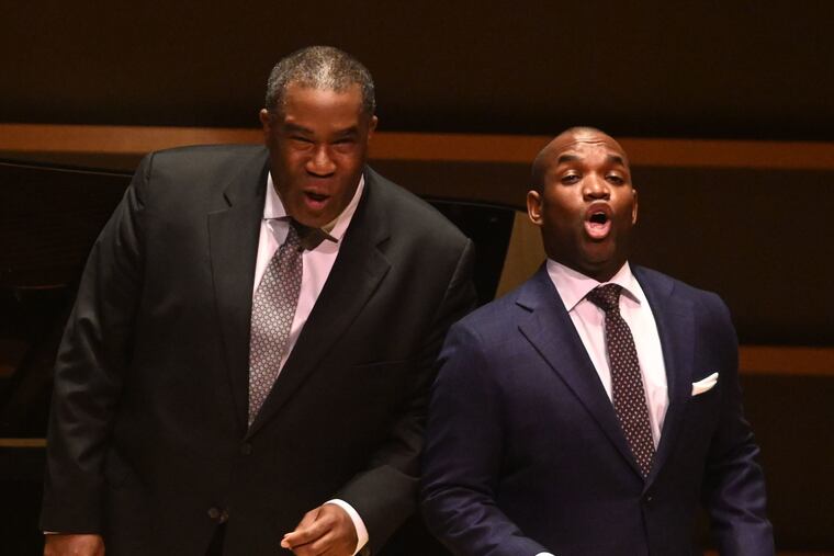Eric Owens (left) and Lawrence Brownlee performed an unusual two-singer recital Friday night at the Kimmel's Perelman Theater.