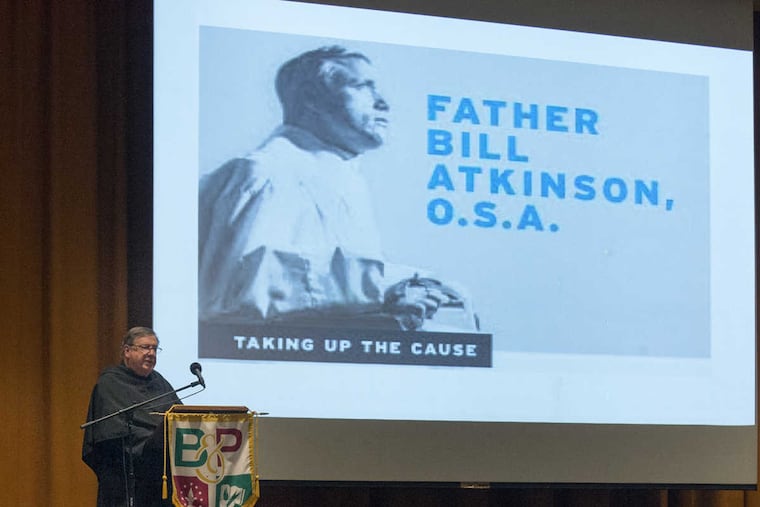 Longtime friend of Father Atkinson and fellow priest from the Order of Saint Augustine, Father Frank Horn speaks at a community meeting at Monsignor Bonner and Archbishop Prendergast High School to discuss Father Bill's cause for sainthood May 23, 2017. Father Bill Atkinson, a former teacher at Bonner, who died in 2006 is being proposed for sainthood by Archbishop Chaput.