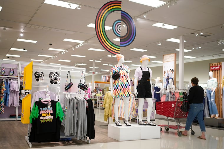 Pride month merchandise is displayed at the front of a Target store in Hackensack, N.J., Wednesday, May 24, 2023. Target is removing certain items from its stores and making other changes to its LGBTQ+ merchandise nationwide ahead of Pride month, after an intense backlash from some customers, including violent confrontations with its workers. (AP Photo/Seth Wenig)