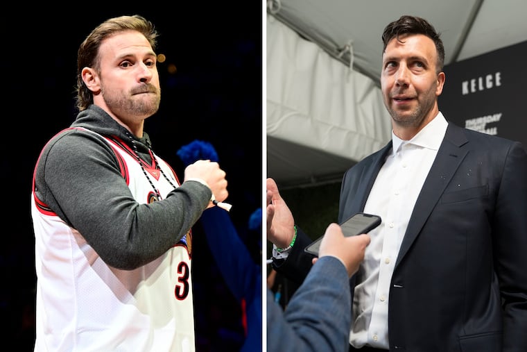 Former Eagles players Chris Long at a Sixers game in January and Connor Barwin at the premiere of "Kelce" last year.