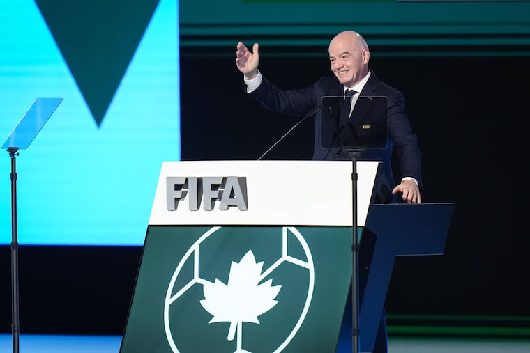 FIFA president Gianni Infantino waving to attendees from the stage of the soccer governing body's Congress meeting on Thursday.