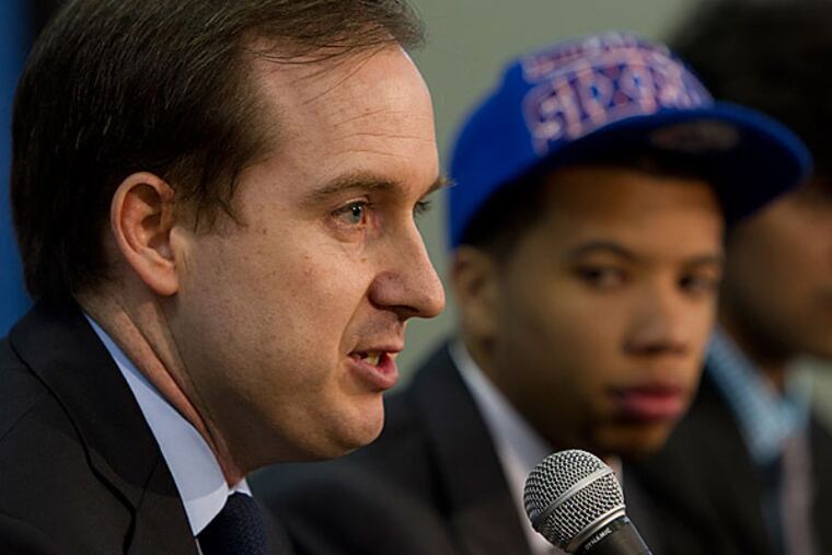 Sixers general manager Sam Hinkie and point guard Michael Carter-Williams. (Alejandro A. Alvarez/Staff Photographer)