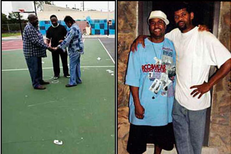 Bishop RW Brown Jr, Clarence Jones and Karen Faison-Brown pray this morning at the playground. At right, a family photo of Miles Mack, who was killed, and friend Wendell Zellars. (LAURENCE KESTERSON / Inquirer )