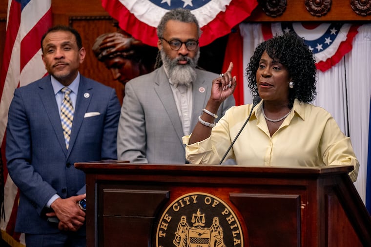 Mayor Cherelle L. Parker at City Hall Thursday, June 4, 2026 after City Council rejected most of her tax proposals for the city budget. School Superintendent Tony B. Watlington Sr. (left) and Board President Reginald L. Streater (right) look on.
